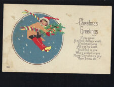c.1900s Christmas Greetings Girl Hugging Mistletoe Postcard UNPOSTED picture