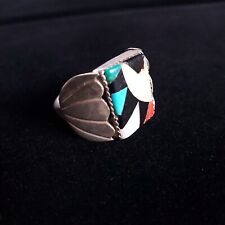Native American inlay ring turquoise coral mother of pearl onyx signed size 10 picture