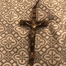 Vintage French pectoral cross nickel inlaid Ebony wood 4” Silver Crucifix Black picture