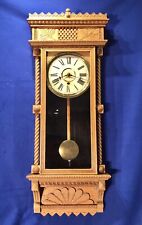 AMAZING VINTAGE ANTIQUE USA GILBERT ASBURY WALL TIME CLOCK ,WITH CARVED OAK CASE picture