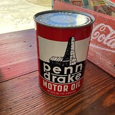 NOS Full Penn Drake Motor Metal Quart Oil Can Pentecost Butler PA OH NJ CA SAE40 picture