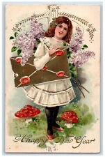 1908 New Year Girl Mushrooms Letter Pansies Flowers Embossed Antique Postcard picture