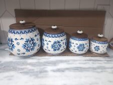 Four Opalhouse Ceramic Canister Blue On White, Wood Lid Ranging Large To Small picture