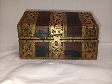 ANTIQUE MINIATURE ORNATE JEWELRY TRINKET BOX - HAND MADE - WOOD & BRASS picture