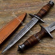 Custom Made Hand Forged Double edged Damascus Dagger Leather Stacked W/ sheath picture