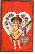 ANTIQUE EMBOSSED VALENTINE Postcard     CUPID PLAYING GUITAR, HEART, PANSIES picture