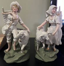 Pair of Antique Bisque Shepherd and Shepherdess Figural Spill Vases - Germany picture
