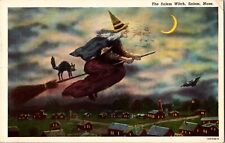 1952 Vintage Postcard Witch & Cat on Broom Flying - Halloween picture