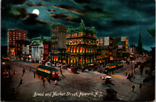 Vintage C. 1910 Busy Moon Lit Broad & Market Street Newark New Jersey Postcard  picture