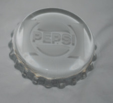Pepsi vintage glass paperweight, bottle cap shape, etched logo, 3 1/2