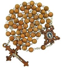 Wooden Prayer Bead Rosary with Ave Maria Miraculous Medal Centerpiece, 19 Inch picture