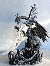 Large Dreamwork Fantasy Obsidian Dragon Statue With Fire Dagger Letter Opener picture