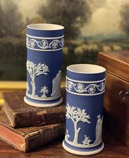 Superb Rare Cobalt Blue White English Wedgwood Jasperware Vase Brush Pot Pair 5” picture