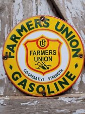 VINTAGE OLD 1961 FARMERS UNION GASOLINE PORCELAIN SIGN CO-OPERATIVE STRENGTH OIL picture