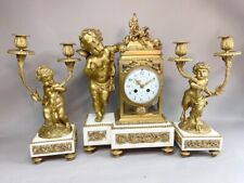 French Louis XVI Mantle Clock Set With Two Candelabras, Marble and Bronze 1900 picture