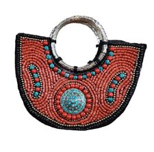 Silver Toned Handles Tibetan Refugee Coral Turquoise Beaded Purse 11