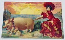 Rare Postcard “A Happy New Year” Woman Red Dress Pulling Pig Tail Sunshine P2 picture
