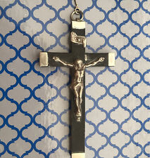 Antique French pectoral cross nickel inlaid wood 3” Silver Crucifix Wall picture