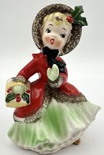 Vintage Napco Christmas Figurine Shopping Girl Basket Mica Trim AX2750/SB picture