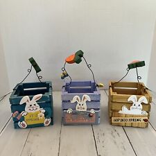 Vtg Lot of 3 8” Wooden Square Easter Baskets Bunnies Rabbit Spring Time Colorful picture