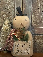 Grubby Primitive Rustic Christmas SNOWMAN w Let It Snow Pocket Stump Doll 12