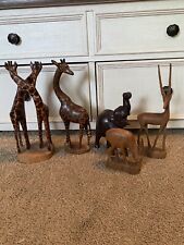 Giraffes Figurines Wood Hand Carved Kenya 12” Safari Animals Lot Of 5 Elephant picture