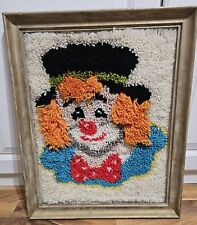 Vintage 70s Handmade Happy Clown Wood Framed Latchhook Picture Art Colorful picture