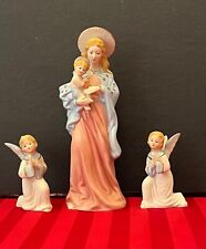 Vintage Madonna with Child & 2 Angels Bisque Figurines Set of 3 picture