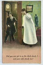 Clock Struck. Husband Gets Hit By Wife. Funny Vintage Postcard. 1910 picture