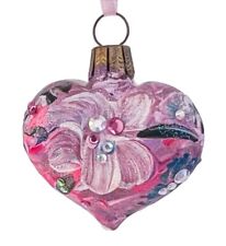 Vintage Natalie Sarabella Mini Heart Shape Floral Glass Ornament picture