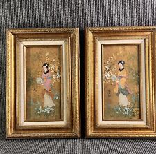 Custom Framed Original Oriental Princesses Oil on Cork Pair of Asian Princesses picture