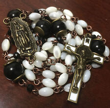 Vintage Mother of Pearl Black Obsidian Beads ROSARY & bronze Cross NECKLACE picture