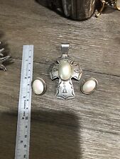 E.G Bighand Vintage Navajo Sterling White Mother Pearl Earrings & Cross Pendant picture