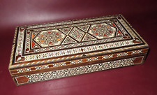 Vintage Middle East Style Ebony Flip Lid Box w/ Assorted Wood & Geometric Inlay picture
