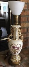 Working Antique Brass-Porcelain Table Lamps W/ Corning Lamp Shade Asian Flowers picture