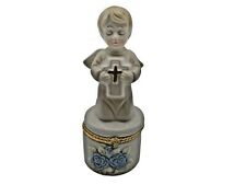 Vintage Porcelain Praying Little Boy  Angel Alter Communion  Hinged Trinket Box picture