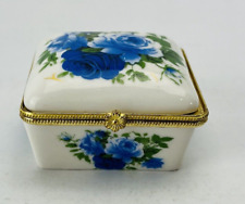 Vintage Porcelain Hinged Lid Small Trinket Box Blue Roses Gold Tone Trim picture