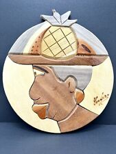 Trivet Decor Wood Round Wooden Board SIGNED Face Pineapple Hat Granny Tiki Retro picture