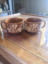 Set Of 2 Vintage Cappuccino/Soup Mugs Brown Glaze Japan Leaves and Vines MCM picture