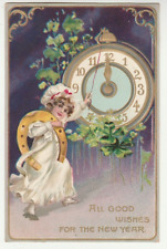 1908 Tuck's New Year Postcard Victorian Woman Large Clock Horse Shoe picture