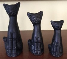 3 Vintage Matte Black Cat Figurines Mexican Pottery Hand Crafted & Hand Painted picture
