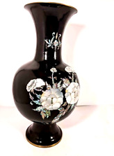 Vintage Oriental Black Lacquer Vase with Mother of Pearl Inlay picture