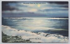 Moonlight Tints The Surf Silver Atlantic City New Jersey Linen Postcard c1944 picture