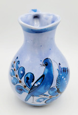 Vintage Tonala Mexico Handpainted Bird Pottery Blue Glaze Handled Pitcher Jug picture