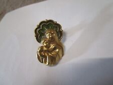 Madonna & Child Brooch Pin Virgin Mary Holding Baby Jesus Gold Tone Green Enamel picture