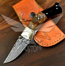 Damascus Folding Pocket Knife | Foldable Blade | Ram's horn with Brass Bolster picture
