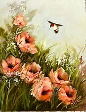 Vtge Original Oil Painting Canvas Poppies Flowers Humming Bird Impressionist Art picture