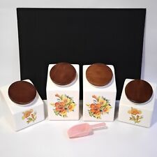 Set Of 4 Hyalyn USA Canister Pottery Pieces Wood Tops Vtg Vegetable w Scoop picture