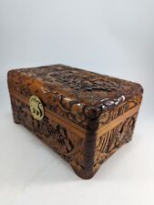 Vintage Hand Carved Wood Box with Intricately carved Birds Brass Lock Red Lining picture