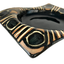 Black & Brown Circle Striped Design Wavy Shallow Pottery Bowl Artist Signed picture